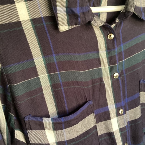 Dynamite blue green white plaid button down shirt with front pockets. - Picture 3 of 7